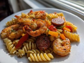 Close-up of Spicy Cajun Pasta Salad featuring seasoned shrimp, sliced andouille sausage, and bell peppers mixed with rotini pasta.