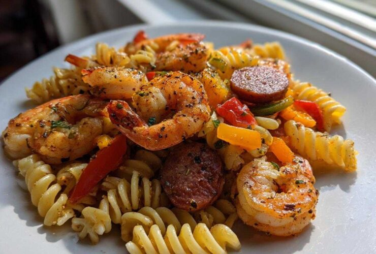 Close-up of Spicy Cajun Pasta Salad featuring seasoned shrimp, sliced andouille sausage, and bell peppers mixed with rotini pasta.