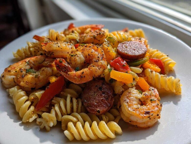 Close-up of Spicy Cajun Pasta Salad featuring seasoned shrimp, sliced andouille sausage, and bell peppers mixed with rotini pasta.