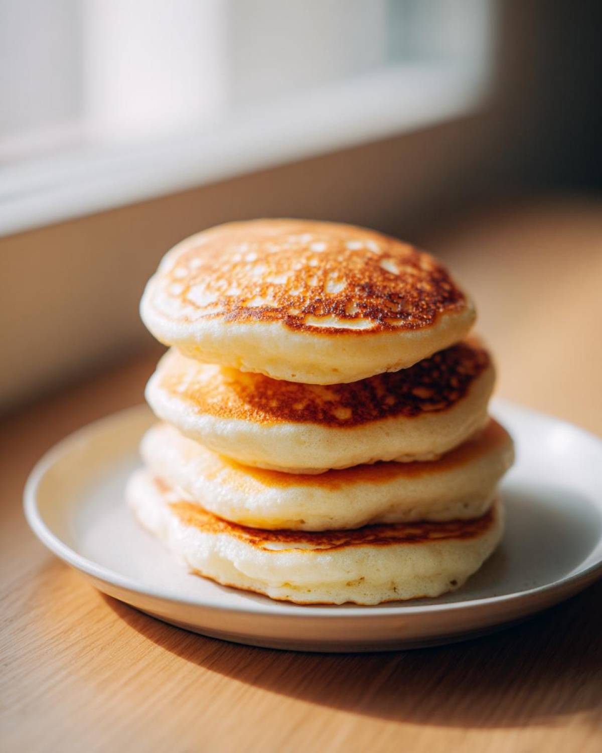 A tall stack of four golden-brown, thick pancakes, showcasing the texture of this Soft & Fluffy Brunch Favorite.