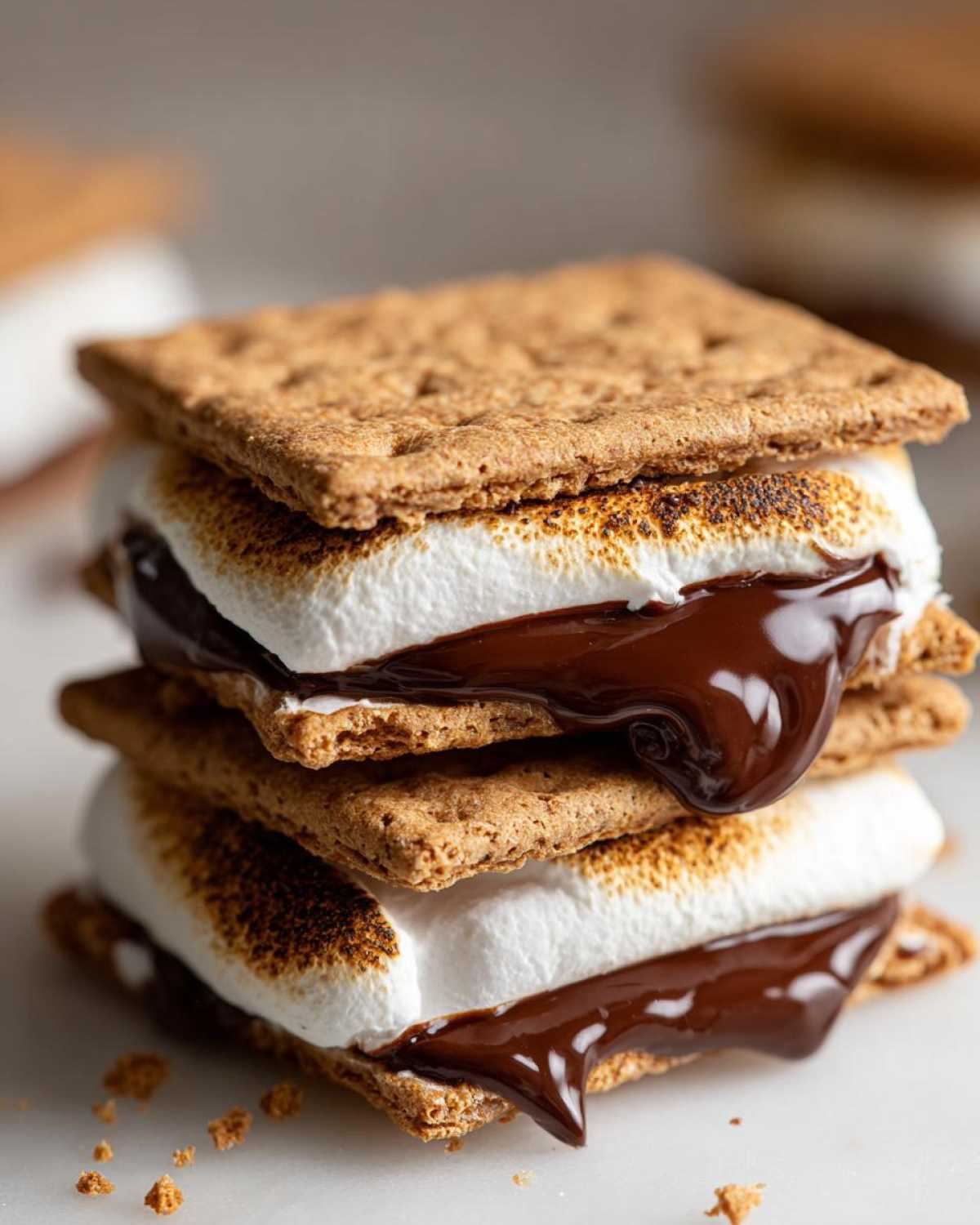 Close-up of a stack of two HERSHEY'S S'mores featuring toasted marshmallows and melted chocolate oozing out.