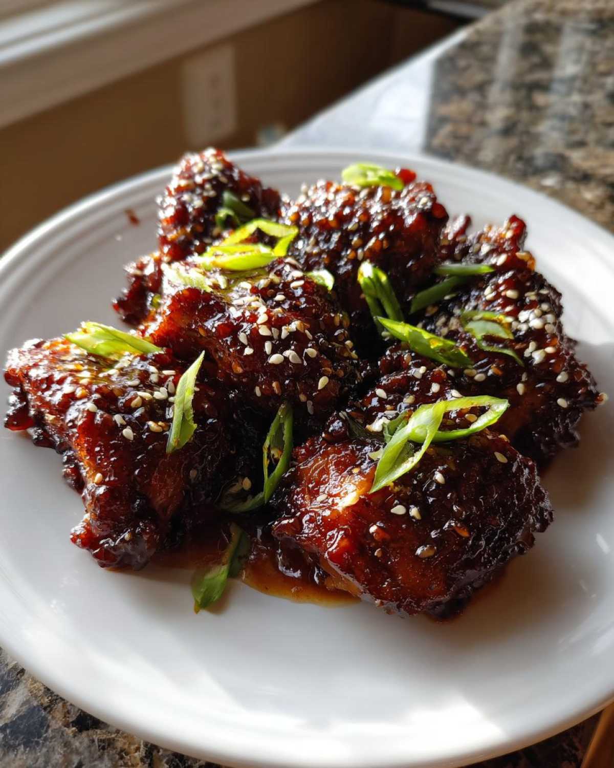 Close-up of Sticky Honey Chicken pieces coated in a thick, dark glaze, sprinkled with sesame seeds and green onions.