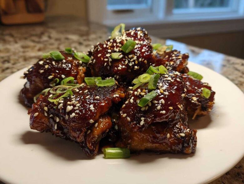 Close-up of Sticky Honey Chicken pieces glazed dark brown and topped with sesame seeds and green onions.