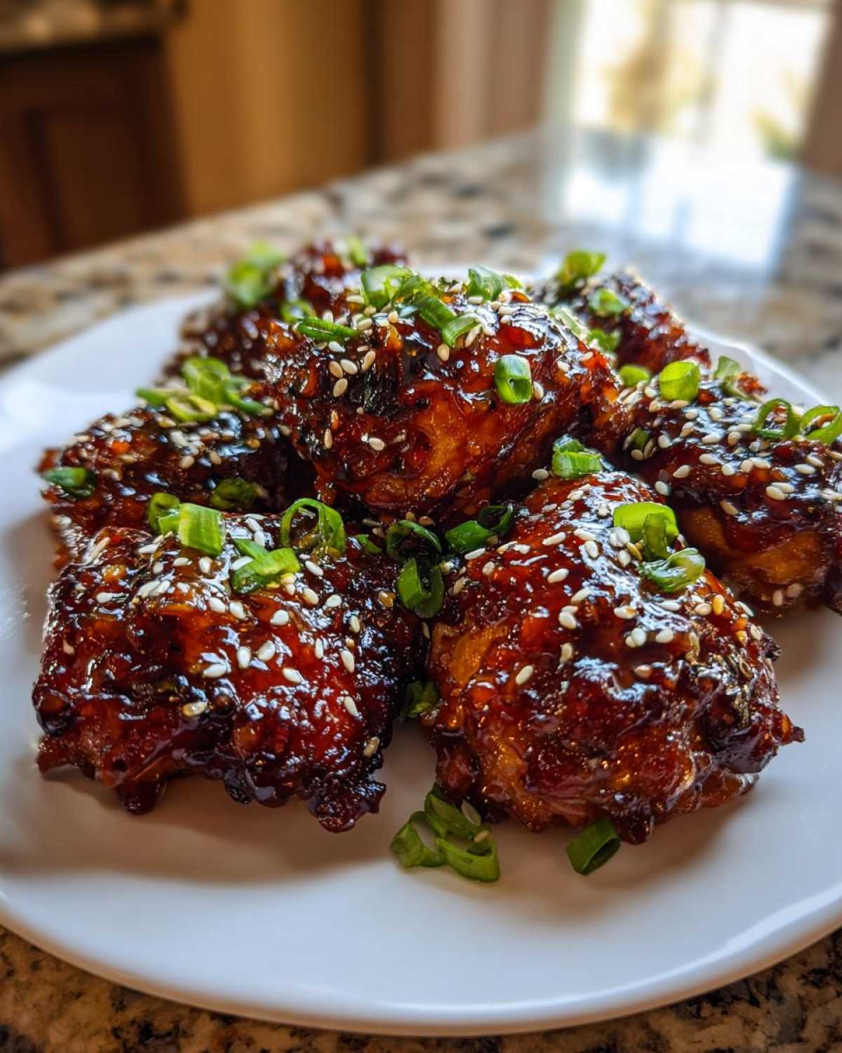Close-up of Sticky Honey Chicken Irresistibly glazed wings topped with sesame seeds and green onions.