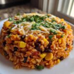 A molded serving of Tasty Salsa Rice mixed with black beans and corn, topped with shredded cheese and cilantro.