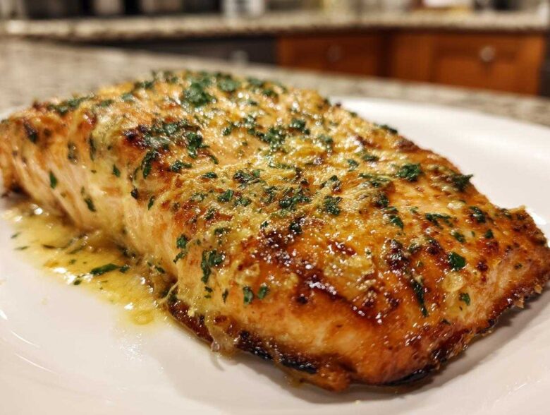 Close-up of a perfectly cooked Texas Roadhouse Salmon fillet topped with garlic butter and fresh parsley.