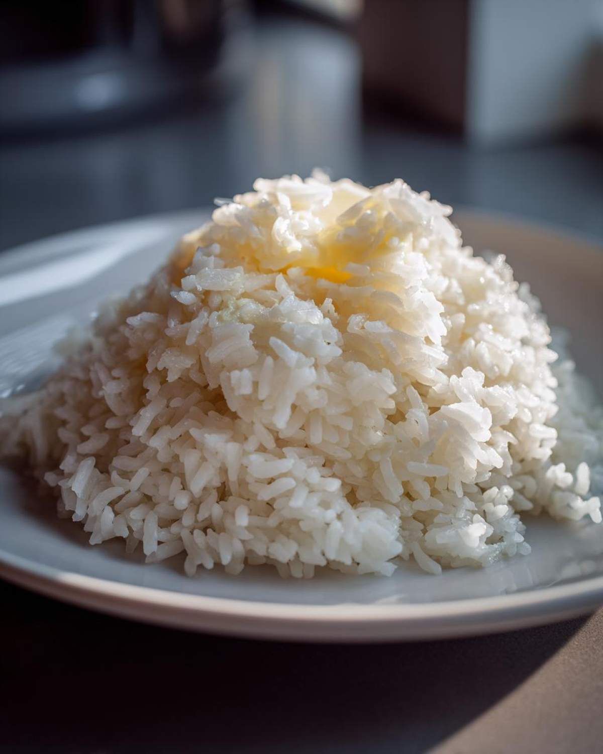 A mound of fluffy white rice, resembling Texas Roadhouse Seasoned Rice, topped with melting butter on a white plate.