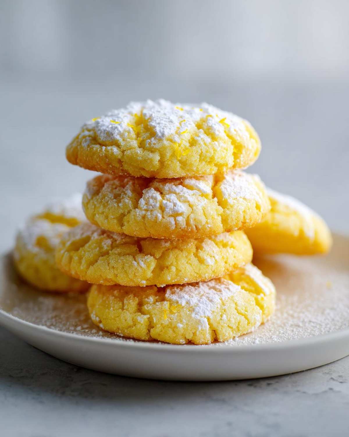 A stack of four Ultimate Lemon Cake Mix Cookies dusted heavily with powdered sugar and lemon zest.