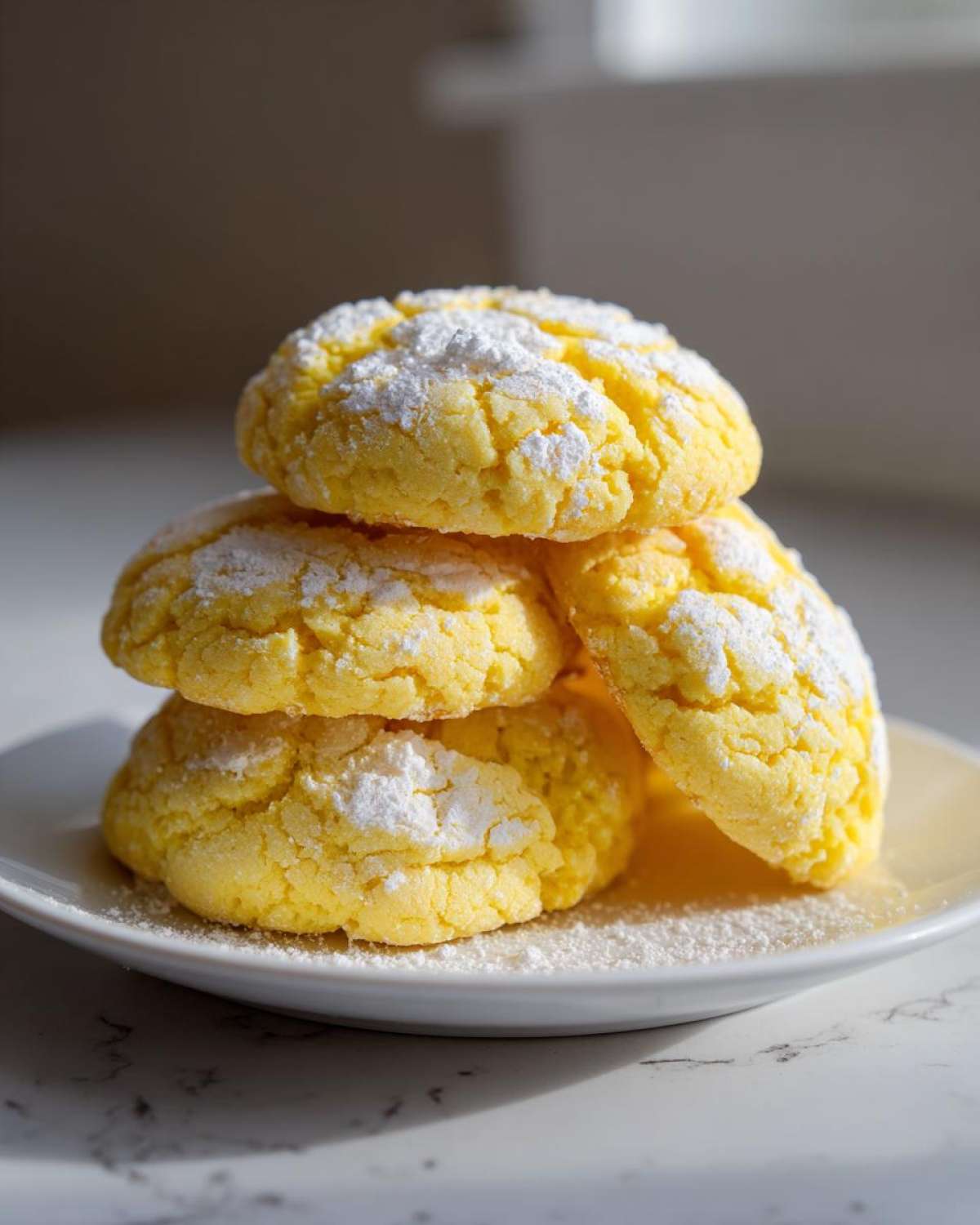 A stack of four bright yellow, crinkle-topped Ultimate Lemon Cake Mix Cookies dusted heavily with powdered sugar.