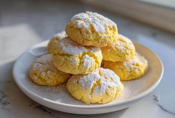 A stack of bright yellow Ultimate Lemon Cake Mix Cookies dusted generously with powdered sugar on a white plate.