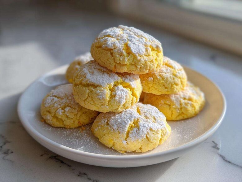 A stack of bright yellow Ultimate Lemon Cake Mix Cookies dusted generously with powdered sugar on a white plate.
