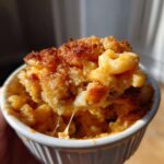 A spoonful of Ultra Creamy Baked Mac & Cheese with 3 Cheeses showing a cheese pull and crispy breadcrumb topping.