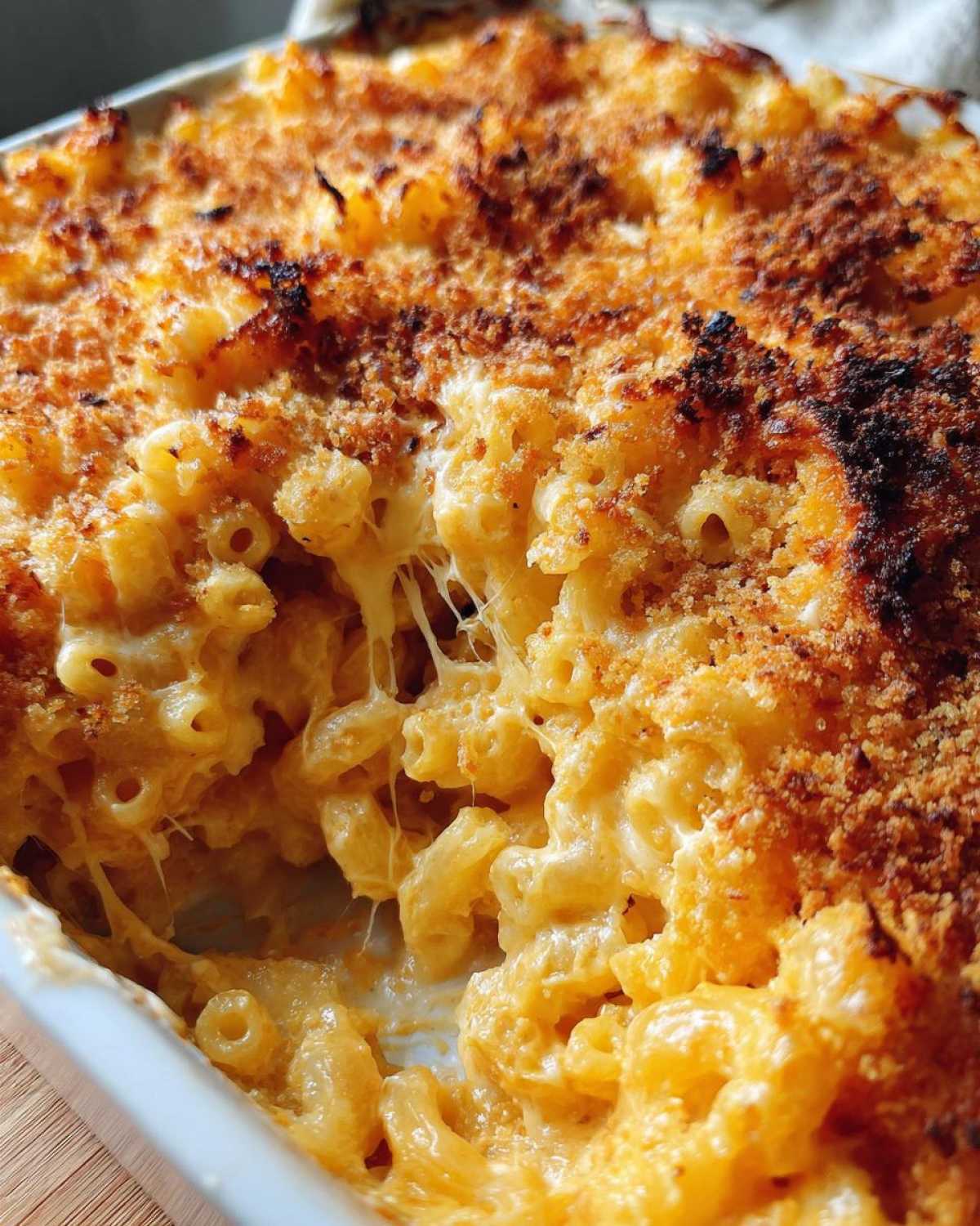 Close-up of Ultra Creamy Baked Mac & Cheese showing a dramatic cheese pull from the golden, crunchy topping.