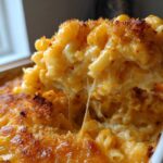 A spoonful of Ultra Creamy Baked Mac & Cheese with 3 Cheeses showing a dramatic cheese pull over the golden-brown baked casserole.