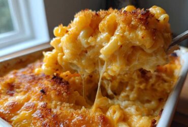 A spoonful of Ultra Creamy Baked Mac & Cheese with 3 Cheeses showing a dramatic cheese pull over the golden-brown baked casserole.