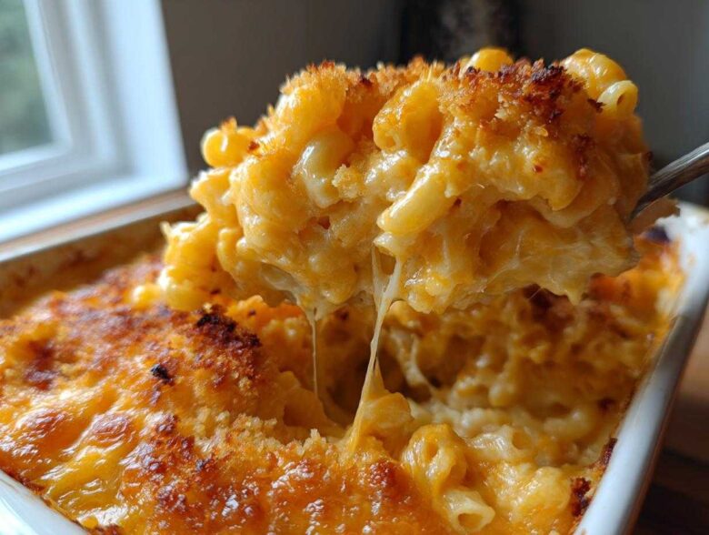 A spoonful of Ultra Creamy Baked Mac & Cheese with 3 Cheeses showing a dramatic cheese pull over the golden-brown baked casserole.