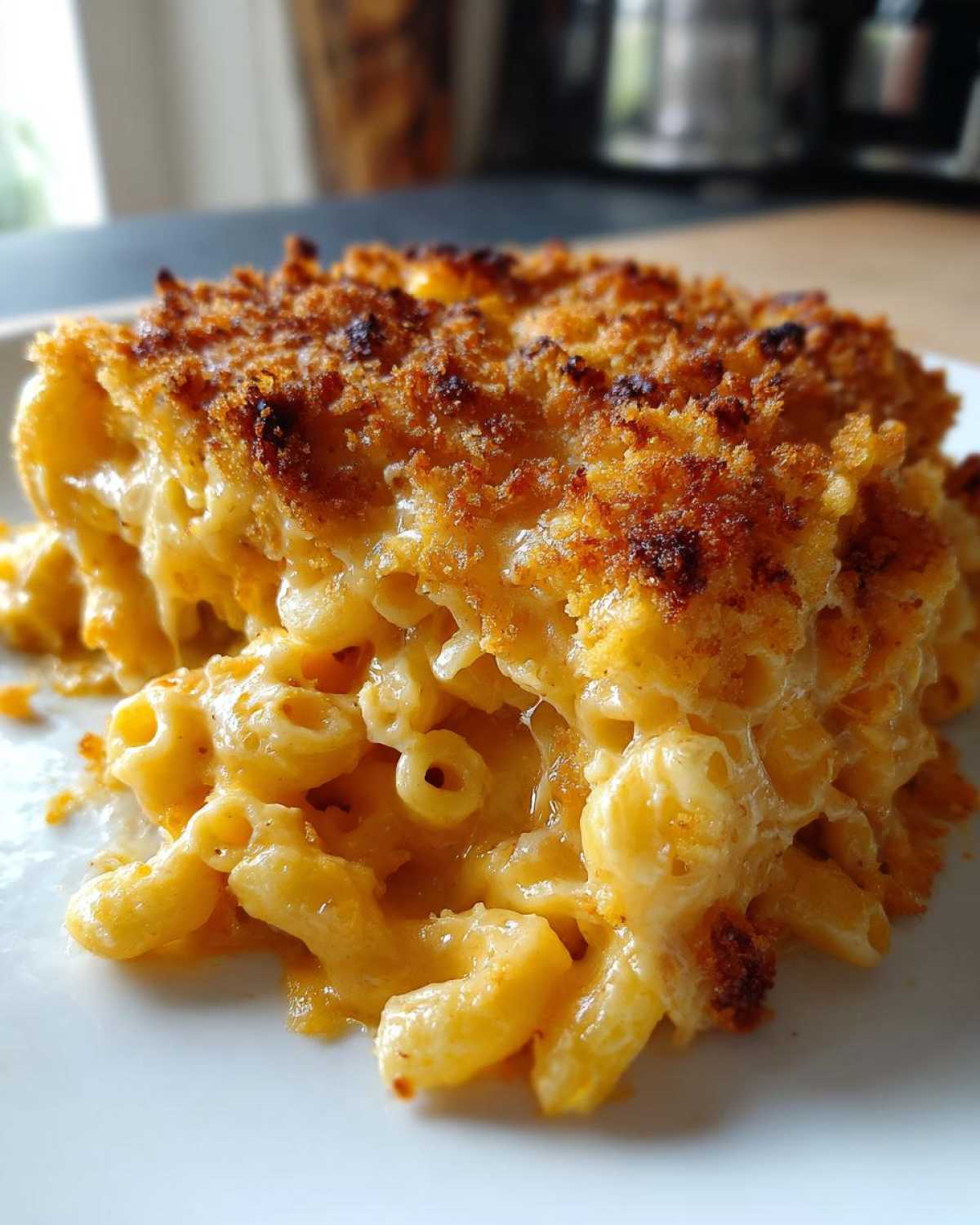 A close-up of a generous serving of Ultra Creamy Baked Mac & Cheese with a golden, crunchy breadcrumb topping.
