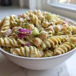Close-up of a bowl filled with Vegan Creamy Lemon Chickpea Pasta Salad, featuring fusilli pasta, chickpeas, and red onion.