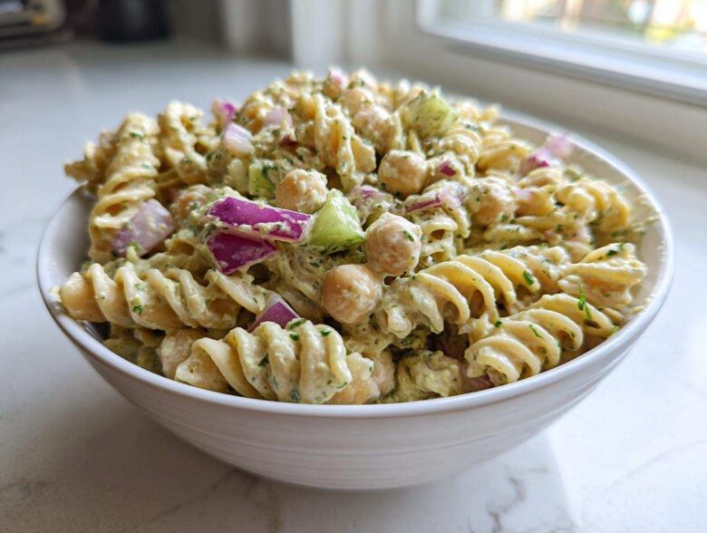 Close-up of a bowl filled with Vegan Creamy Lemon Chickpea Pasta Salad, featuring fusilli pasta, chickpeas, and red onion.