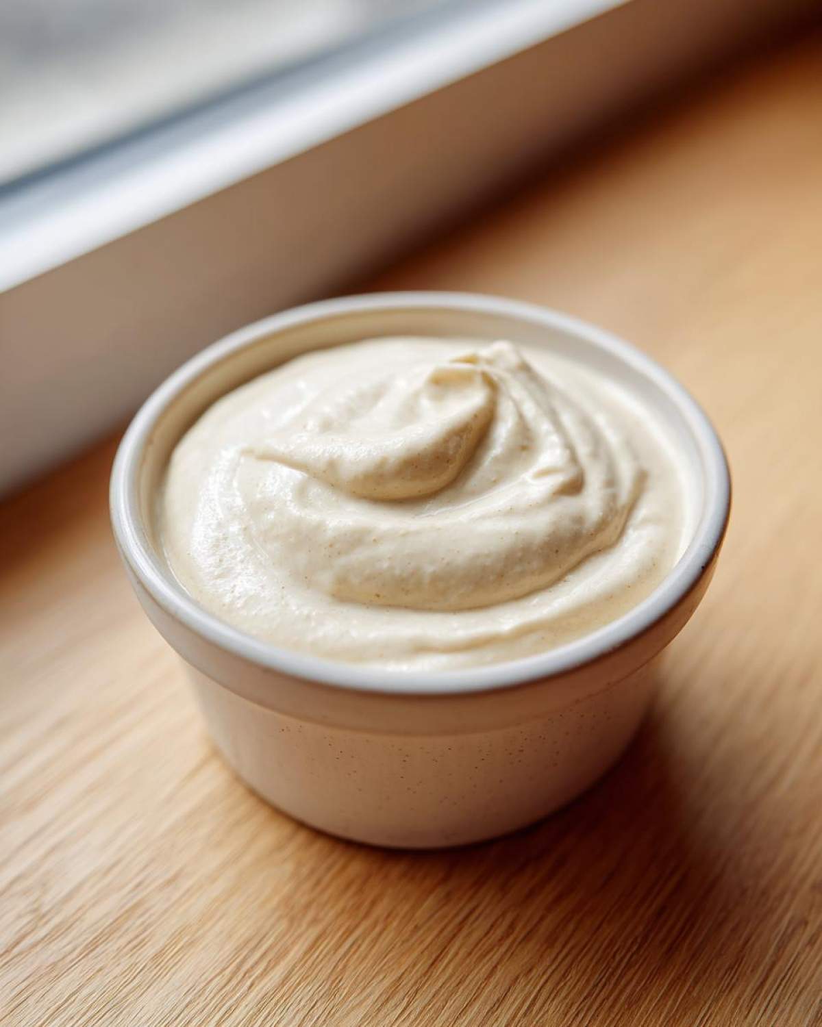 Close-up of thick, creamy Vegan Creamy Lemon Tahini Dressing swirled in a small white bowl on a wooden surface.