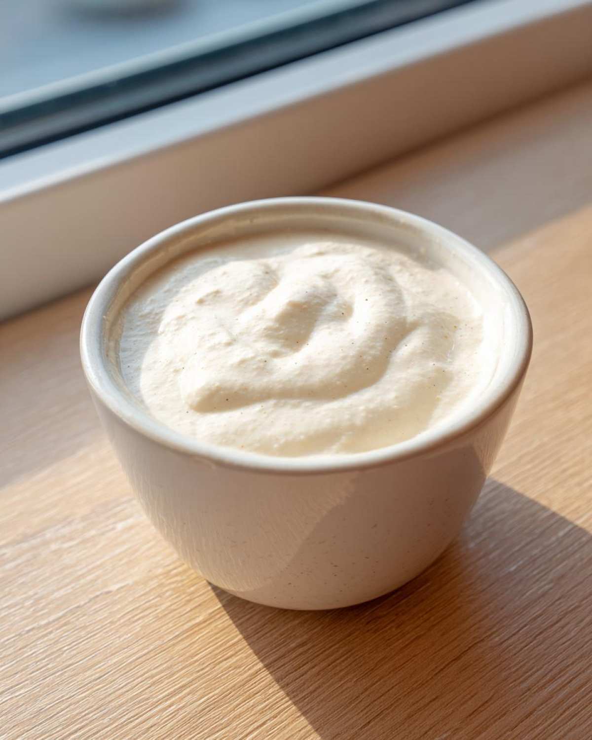 A small white bowl filled with thick, creamy Vegan Creamy Lemon Tahini Dressing, sitting on a light wood surface near a window.