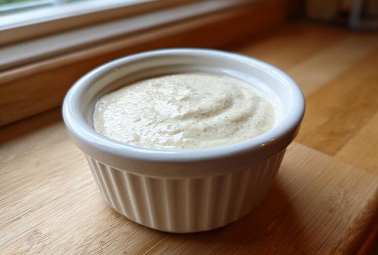 A close-up of thick Vegan Creamy Lemon Tahini Dressing swirled in a small white ceramic ramekin.