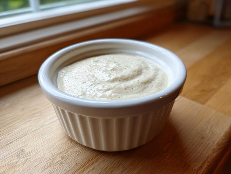 A close-up of thick Vegan Creamy Lemon Tahini Dressing swirled in a small white ceramic ramekin.