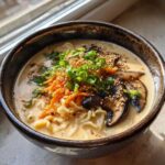A close-up of a bowl of Vegan Creamy Miso Sesame Noodle Soup topped with scallions, sesame seeds, and shiitake mushrooms.