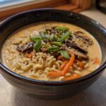 A close-up of Vegan Creamy Miso Sesame Noodle Soup featuring wavy noodles, sliced mushrooms, carrots, and green onions.