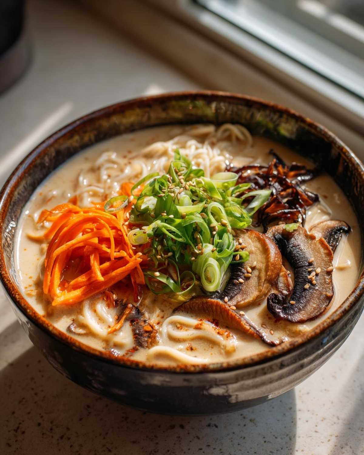 A close-up of Vegan Creamy Miso Sesame Noodle Soup topped with mushrooms, scallions, and sesame seeds.