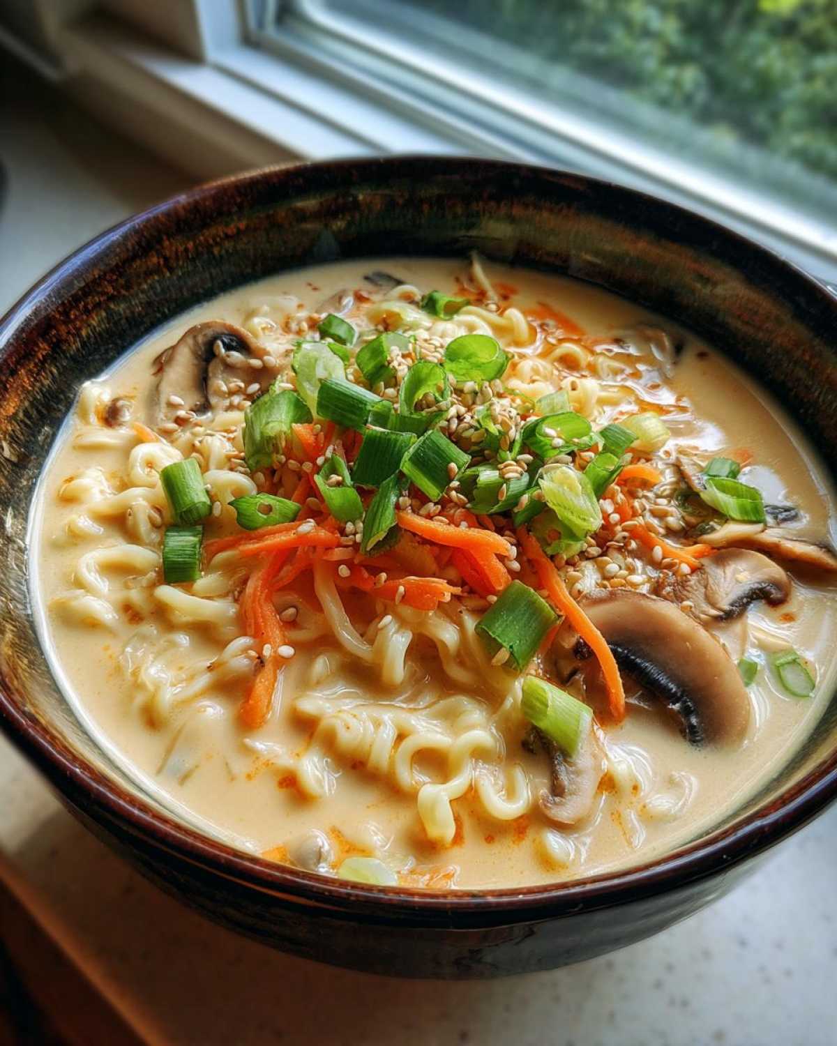 A close-up of Vegan Creamy Miso Sesame Noodle Soup topped with scallions, shredded carrots, and sesame seeds.