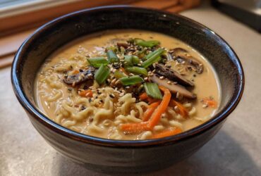 A close-up of Vegan Creamy Miso Sesame Noodle Soup featuring wavy noodles, sliced mushrooms, carrots, and green onions.