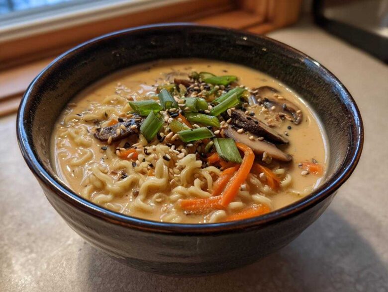 A close-up of Vegan Creamy Miso Sesame Noodle Soup featuring wavy noodles, sliced mushrooms, carrots, and green onions.