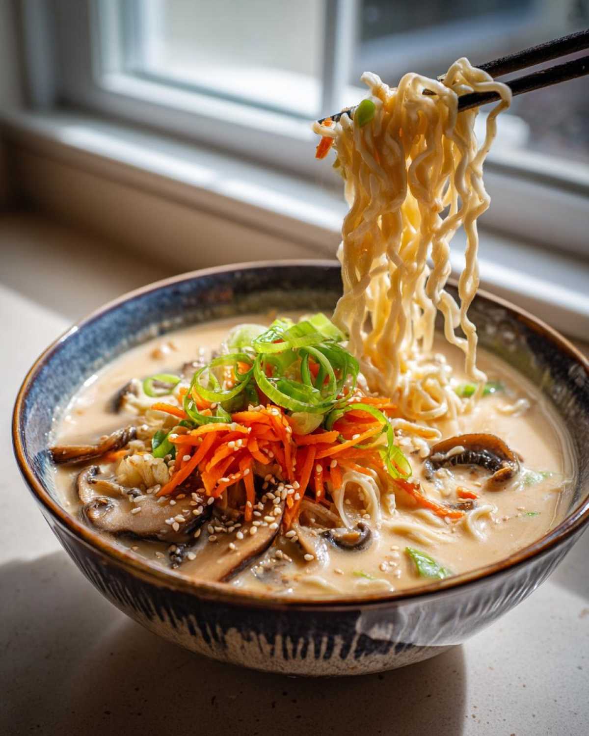 Chopsticks lifting noodles from a bowl of Vegan Creamy Miso Sesame Noodle Soup topped with mushrooms and carrots.