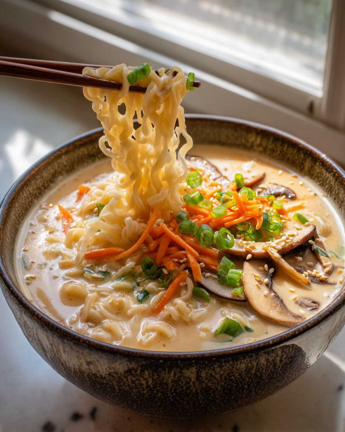 Chopsticks lifting noodles from a bowl of Vegan Creamy Miso Sesame Noodle Soup topped with mushrooms and carrots.