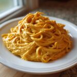 A serving of noodles generously coated in bright orange Vegan Creamy Sweet Potato Mac Sauce on a white plate.