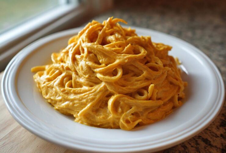 A serving of noodles generously coated in bright orange Vegan Creamy Sweet Potato Mac Sauce on a white plate.