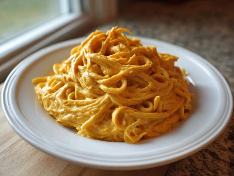 A serving of noodles generously coated in bright orange Vegan Creamy Sweet Potato Mac Sauce on a white plate.