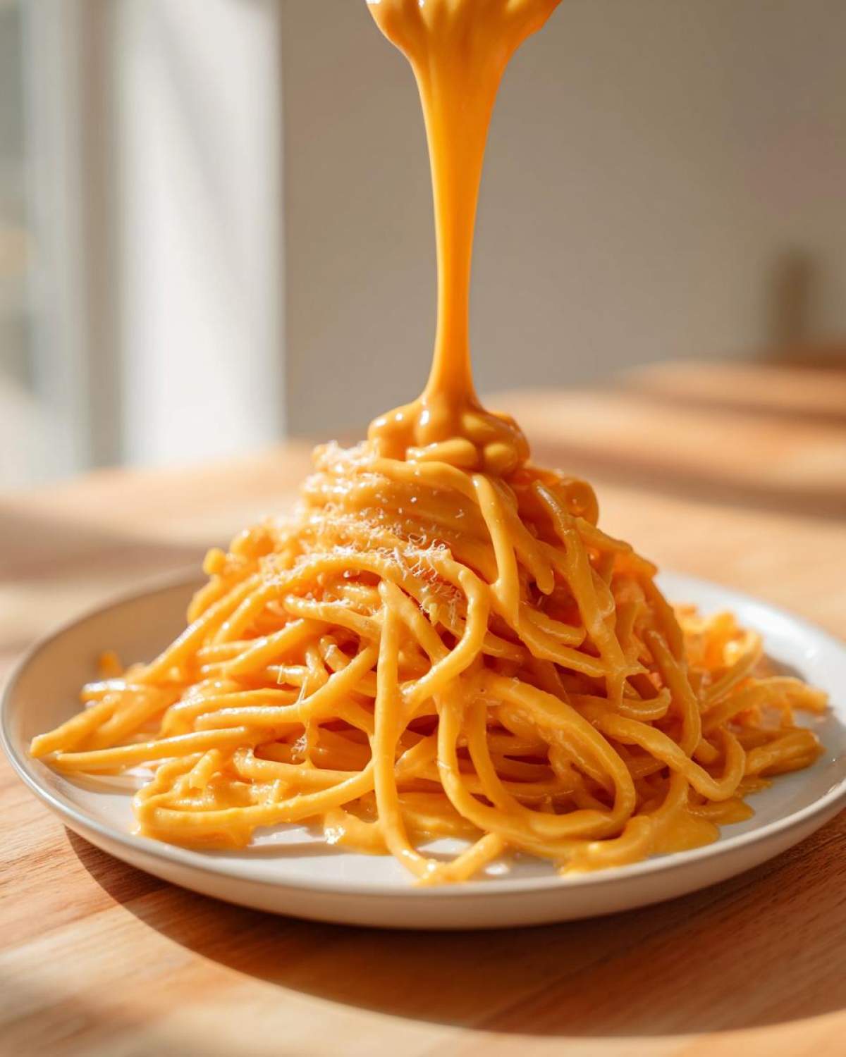 A stream of bright orange Vegan Creamy Sweet Potato Mac Sauce being poured over a mound of spaghetti on a white plate.