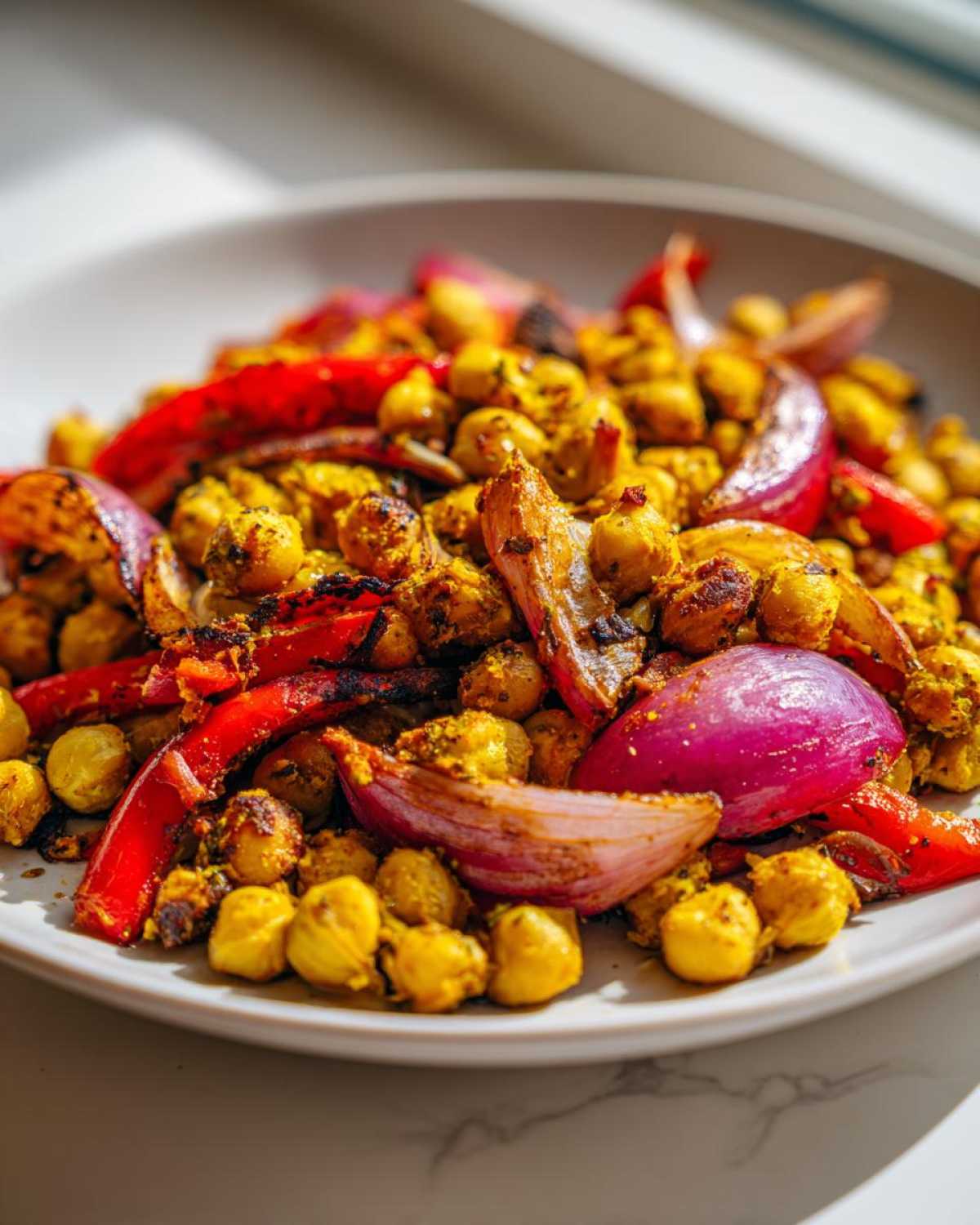 Close-up of roasted chickpeas mixed with charred red onion wedges and red pepper strips from the Vegan One-Pan Chickpea Shawarma Sheet Bake.