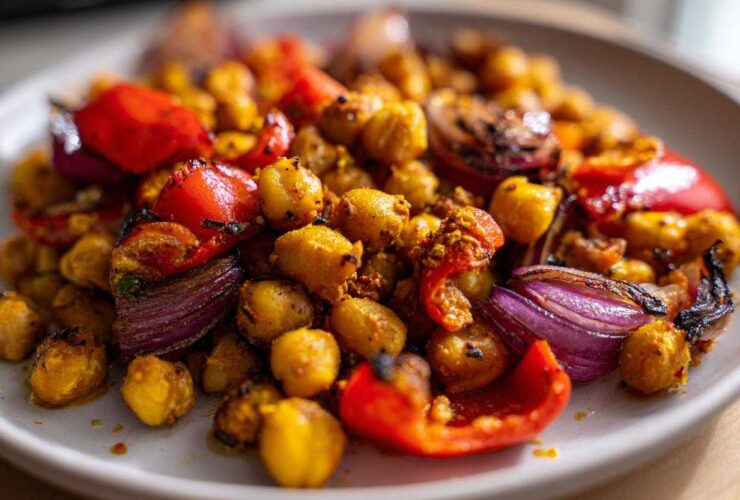 Close-up of roasted chickpeas, red bell peppers, and red onion wedges from the Vegan One-Pan Chickpea Shawarma Sheet Bake.