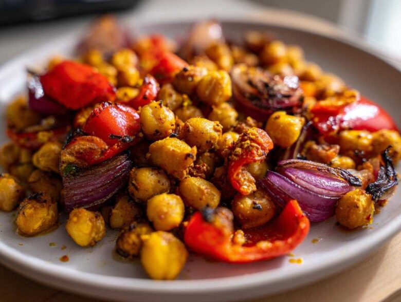 Close-up of roasted chickpeas, red bell peppers, and red onion wedges from the Vegan One-Pan Chickpea Shawarma Sheet Bake.