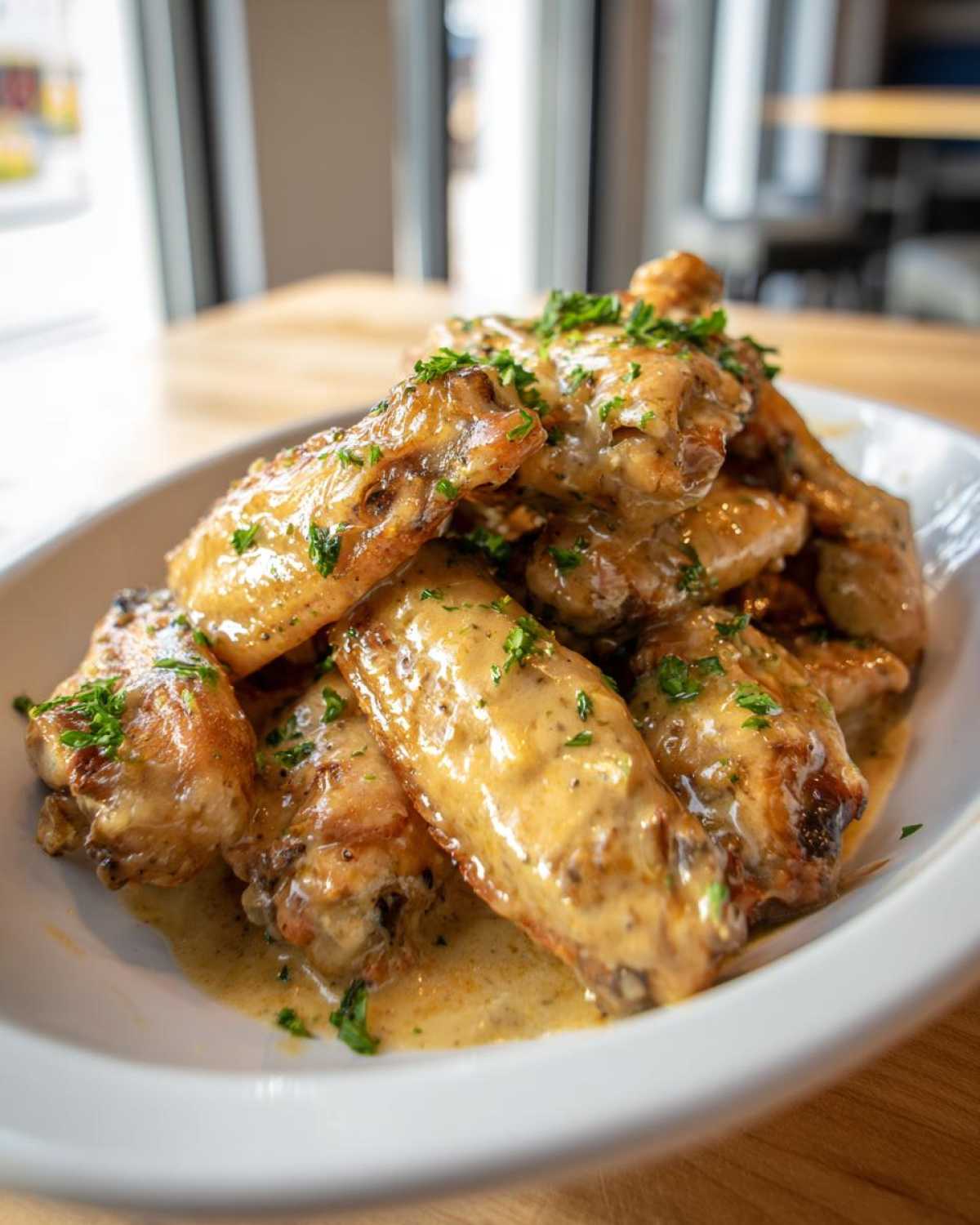 A white bowl piled high with chicken wings generously coated in creamy Copycat Garlic Parmesan Wing Sauce and sprinkled with parsley.