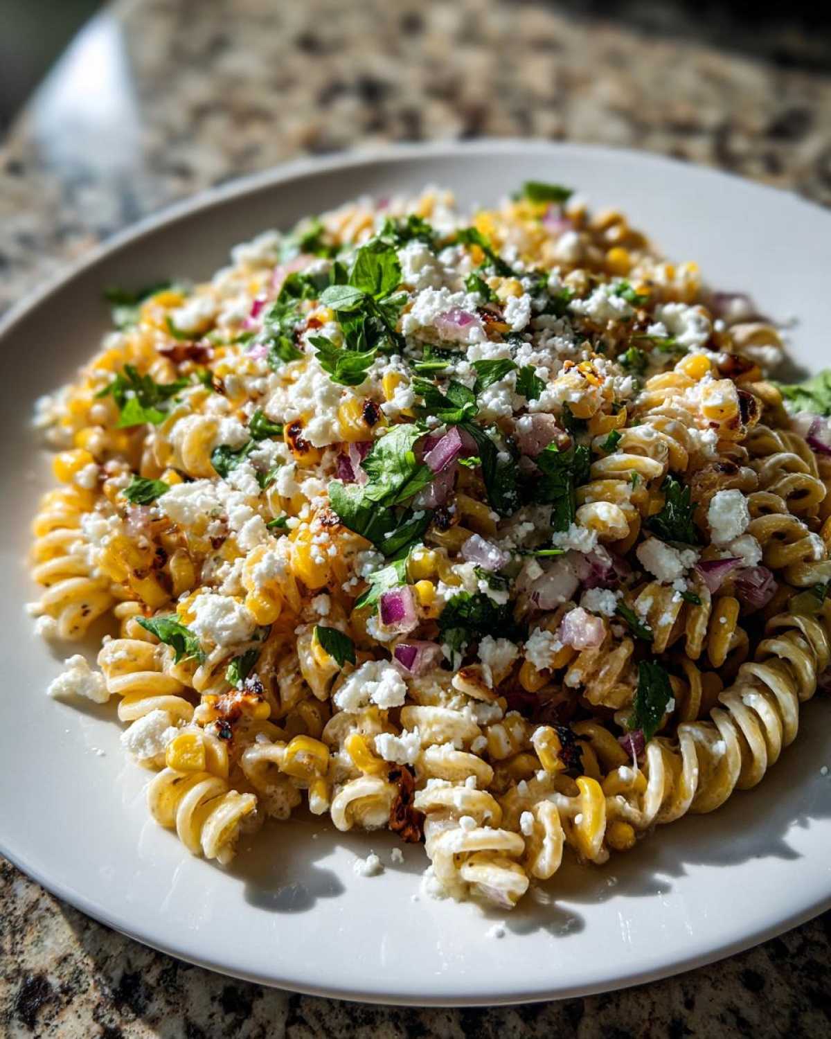 A close-up of Zesty Mexican Street Corn Pasta Salad featuring rotini pasta, charred corn, crumbled cotija cheese, and cilantro.