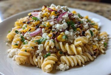 Close-up of Zesty Mexican Street Corn Pasta Salad featuring rotini pasta, charred corn, red onion, and crumbled cotija cheese.